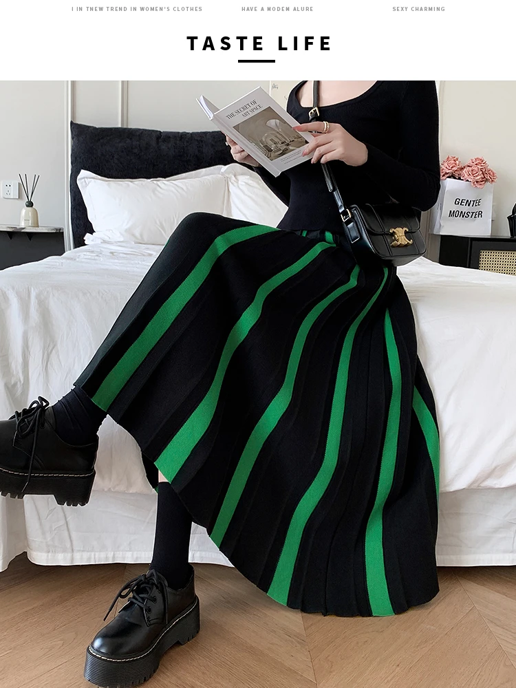 New 2024 Autumn Winter Skirts for Woman High Waist A Line Pleated Knitted Long Skirts for Women Black Green Patchwork Skirt