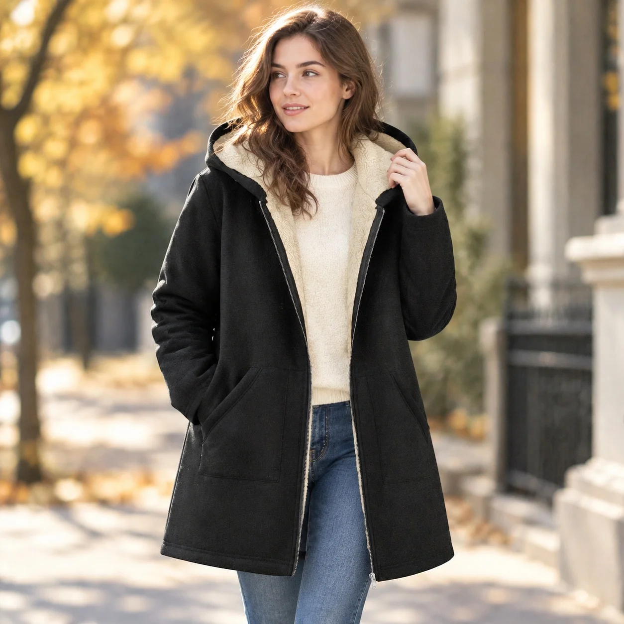 Thick Hooded Coat Relaxed Fit Casual with Long Sleeve Regular Sleeve Zipper Front Non Iron Women Jacket Autumn Commuter Chic