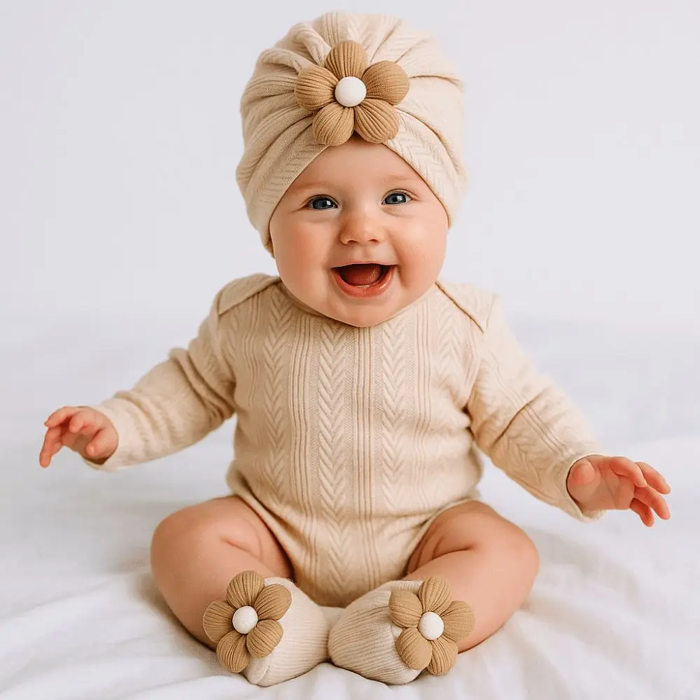 Bonito flor infantil turbante chapéu meias conjunto de algodão macio elástico lenço chapéu respirável leve chapéu meia conjunto recém-nascido suprimentos