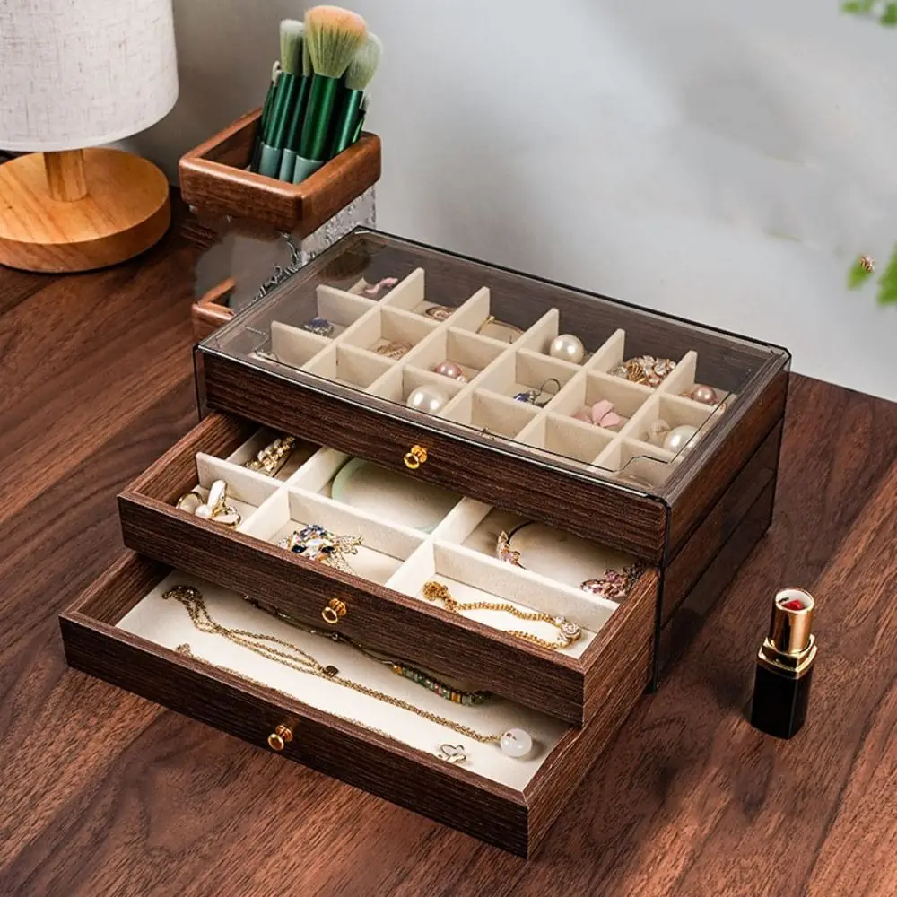 

Multi-layer Wooden Jewelry Box Transparent Window Rings Necklace Jewelry Holder Large Capacity Organizer Square Jewelry Box