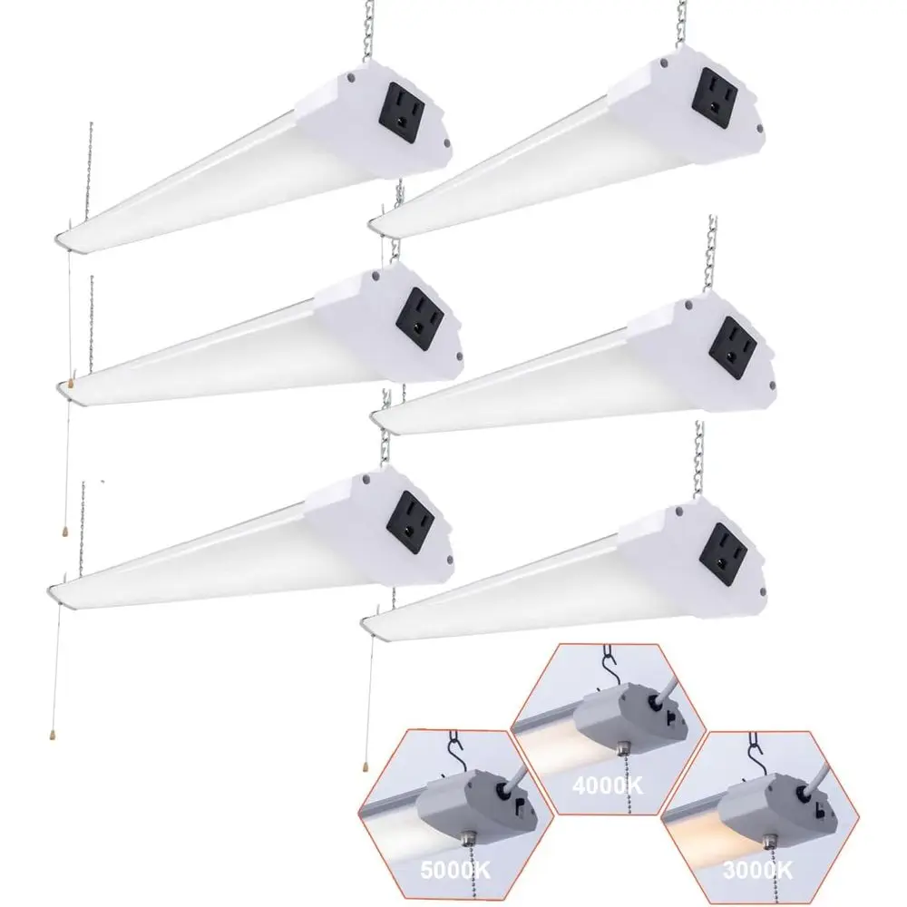 48W 4FT 6-Pack LED Utility Light Fixture, 3 CCT Adjustable, Linkable & Mountable, Pull Chain Included for Workshops and Garages