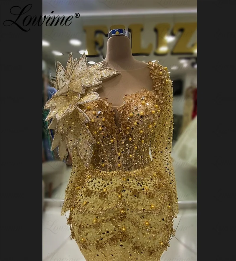 Vestido de noche dorado de lujo de Dubái para mujer, Aso Ebi árabes de manga larga vestidos de fiesta, vestidos de noche de boda, vestido de graduación con cuentas de cristales