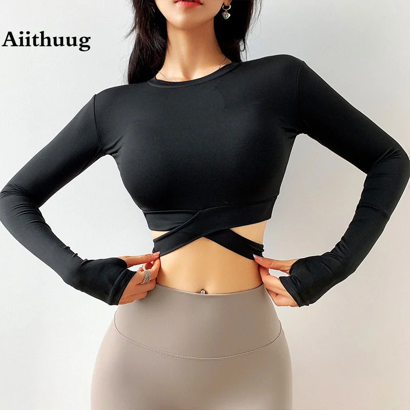 Aiithuug Long Sleeve Crop Tops Sexy Yoga Shirts Sexy Gym Shirt Women Fitness Workout Tops Slim Fit Top Cross Waist Design