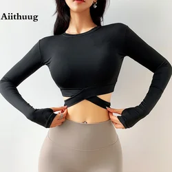 Aiithuug Long Sleeve Crop Tops Sexy Yoga Shirts Sexy Gym Shirt Women Fitness Workout Tops Slim Fit Top Cross Waist Design