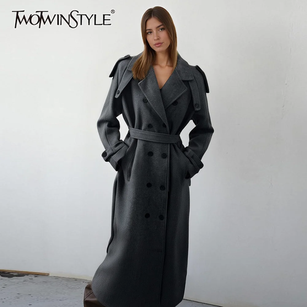 

TWOTWINSTYLE Solid Slimming Spliced Double Breasted Coats for Women Lapel Long Sleeves Patchwork Lace Up Temperament Coat Female