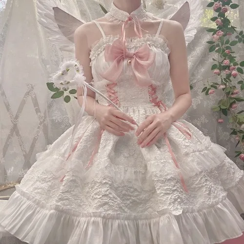 Victorian Vintage Gothic Lolita Jsk Dress Women Lace Bow Ruffles