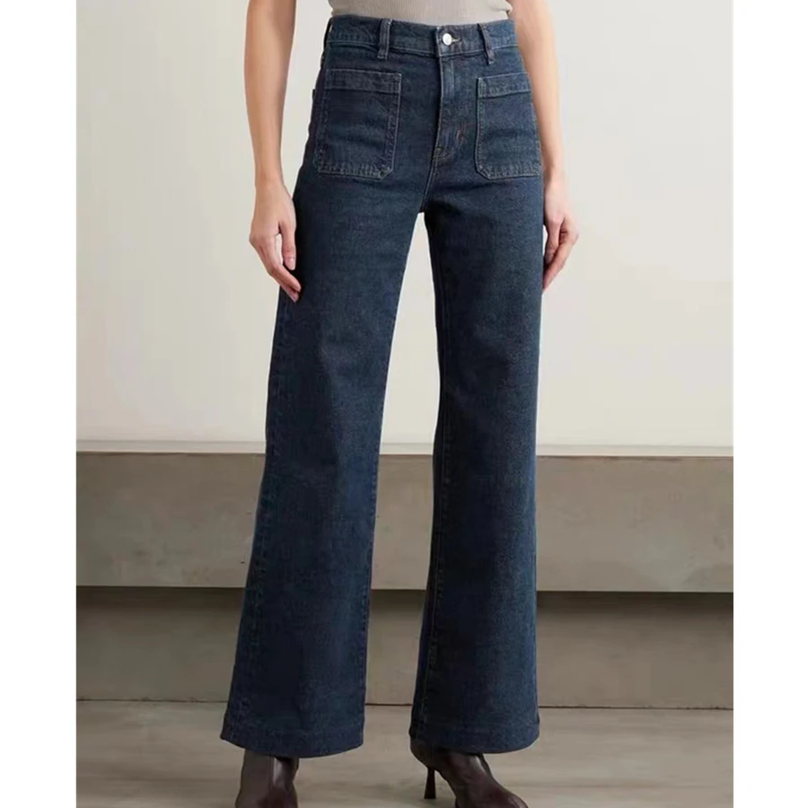 

Maxdutti French Minimalist High Waisted Deep Blue Front Patch Pocket Denim Flared Pants For Women Wide Leg Denim Pants Mom Jeans