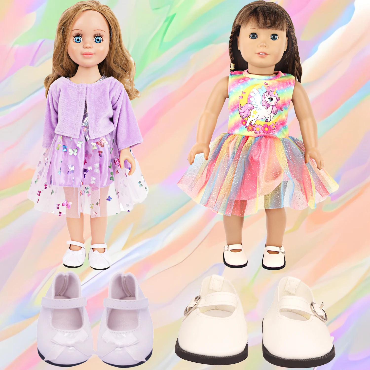 فستان فراشة أرجواني + معطف + تنورة ملونة + 2 حذاء، طقم ملابس لدمى أمريكية 18 بوصة ودمى أطفال حديثي الولادة 43 سم، دمى فتيات