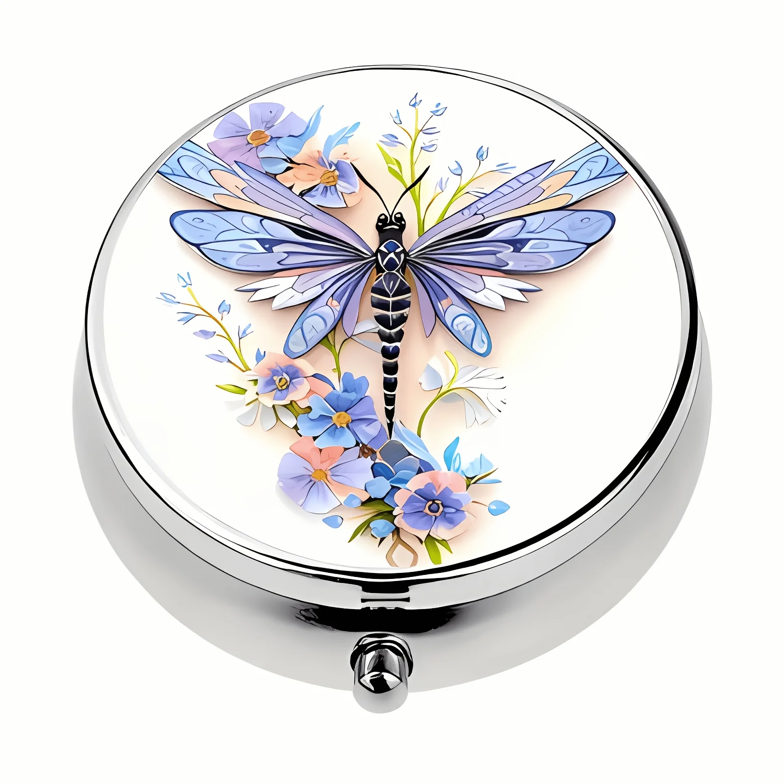 Single-piece, flat, round three-compartment pill box, featuring a blue and purple dragonfly and floral circular pattern design, moisture-proof storage, colorful and artistic, can be used as a gift for a girlfriend, made of durable metal and plastic materials