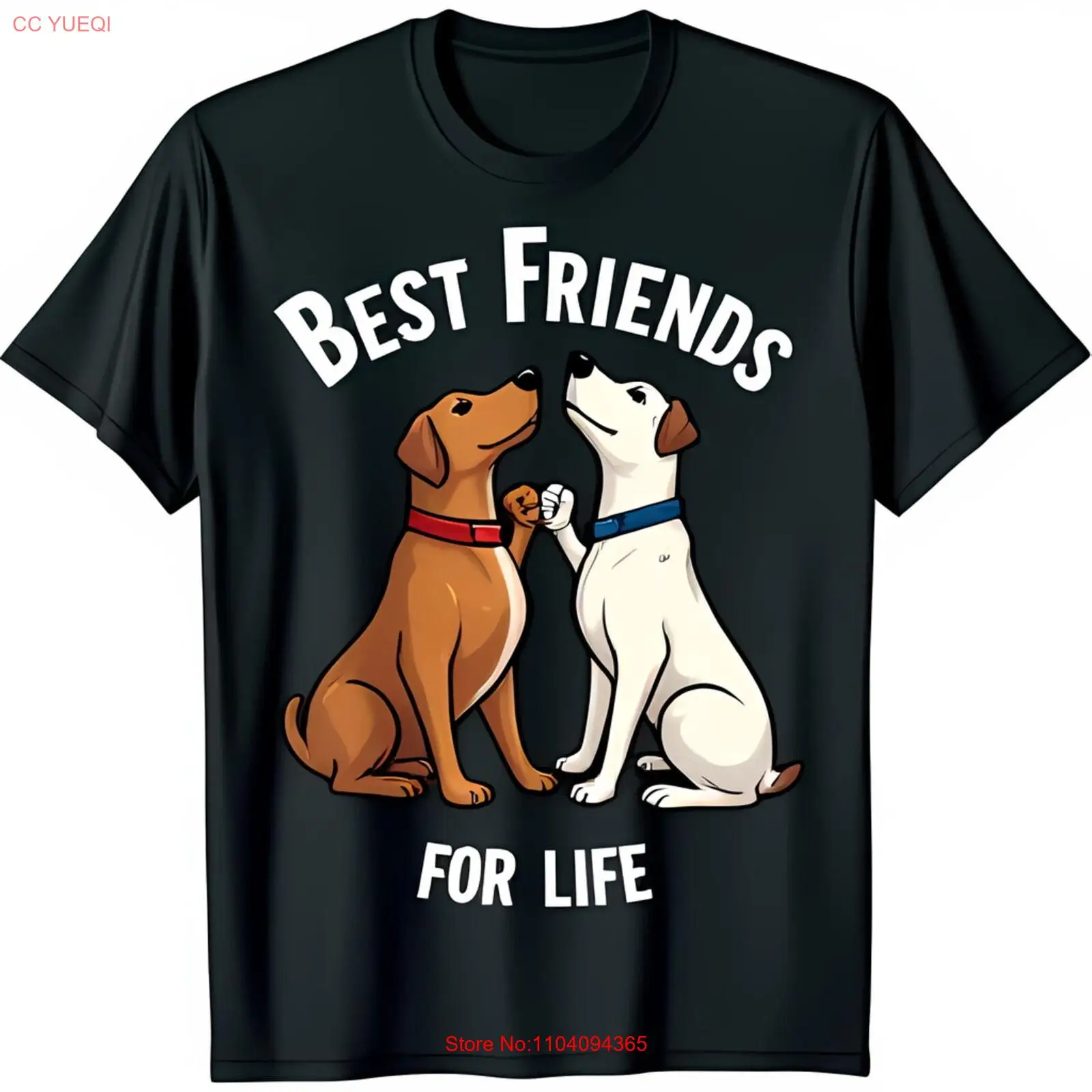 Best Friends for Life Black T-Shirt with Cartoon Dogs Bumping Fists