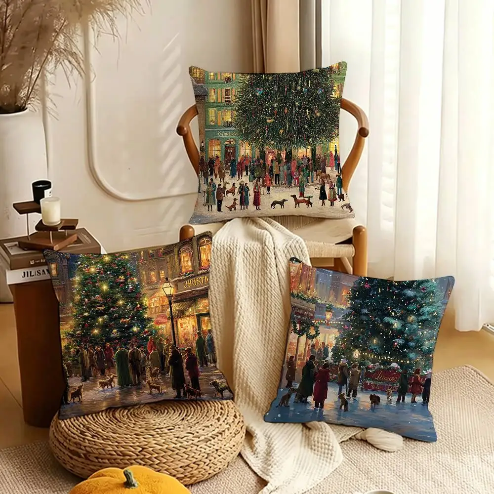 Colorful Christmas Art Town Pillow Cover Sofa Cushion Cover Home Room Decoration Children Gift