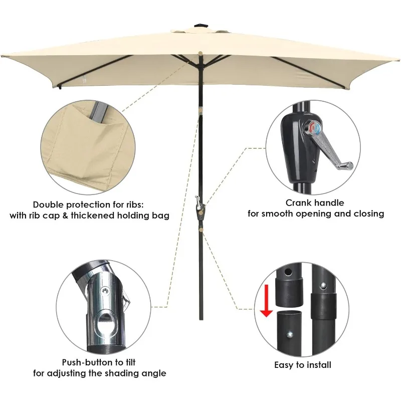 Yescom 10x6.5ft في الهواء الطلق مستطيل تعمل بالطاقة الشمسية LED مظلة فناء مضاءة مع كرنك إمالة لطاولة السوق شاطئ بركة