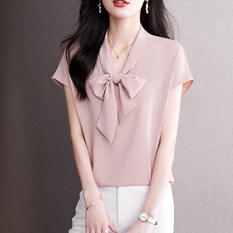 Women Korean Fashion Bow Lace Up Silk Blouse Office Lady Elegant Business Casual Shirt Solid Short Sleeve Slim Tops Blusas Mujer