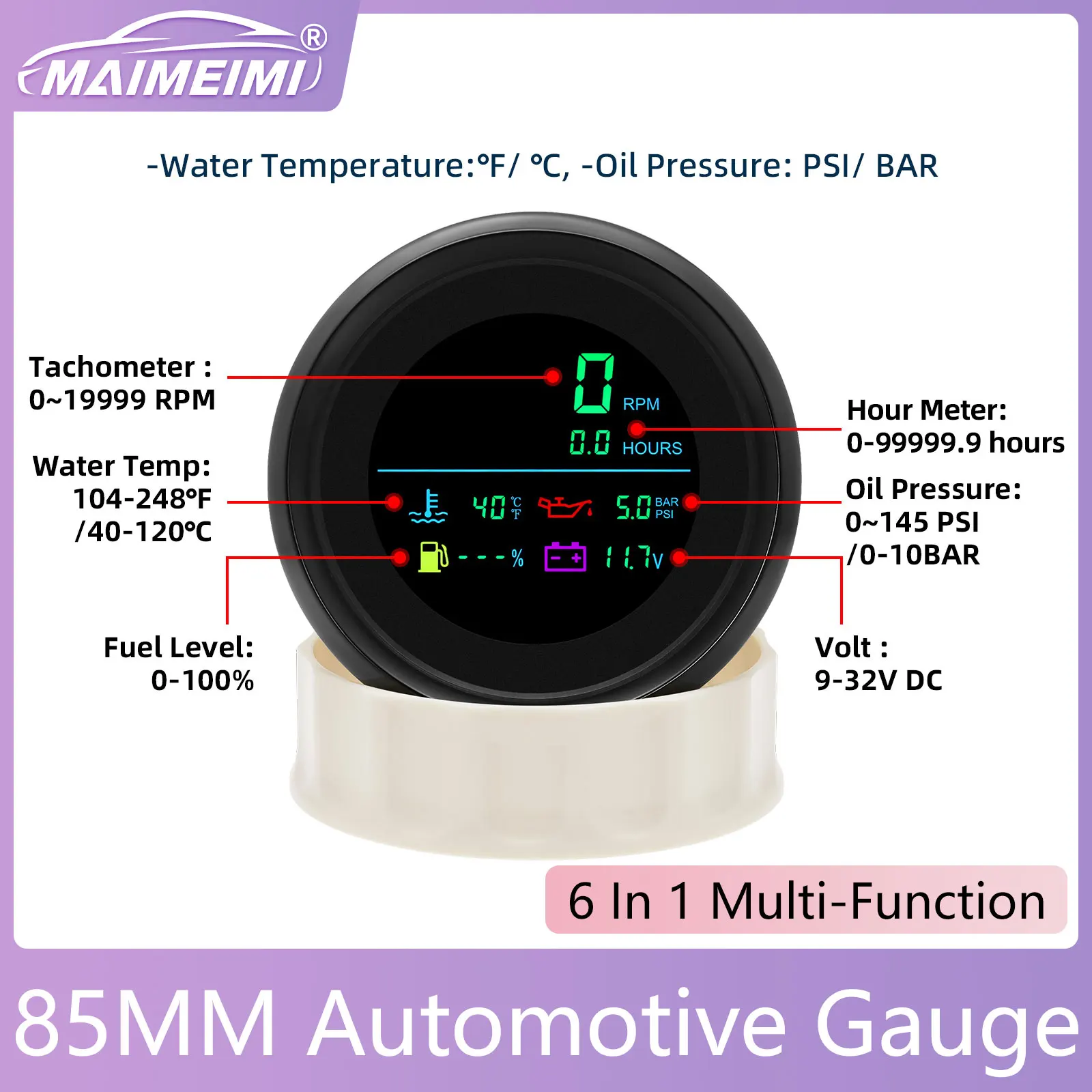 Tachymètre 6 en 1 85 mm, 0-19999 tr/min, jauge de niveau de carburant, température de l'eau, pression d'huile, voltmètre, compteur horaire pour voiture, bateau, camion 12V
