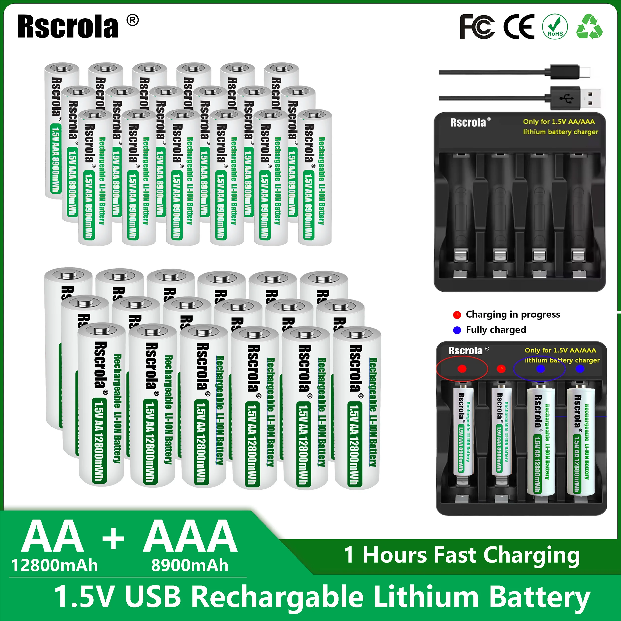 

Аккумуляторы Rscrola 1.5V литий-ионные перезаряжаемые AA 12800мВтч AAA 8900мВтч с быстрым зарядным устройством на 4 слота для камер и электрических игрушек
