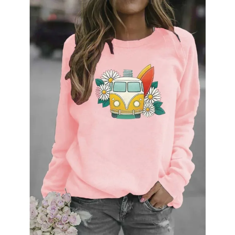 Women's Cartoon Car Flower Print Fashion Crew-neck Hoodie Streetwear Women  Sweatshirt  Sweatshirts  Women Clothing