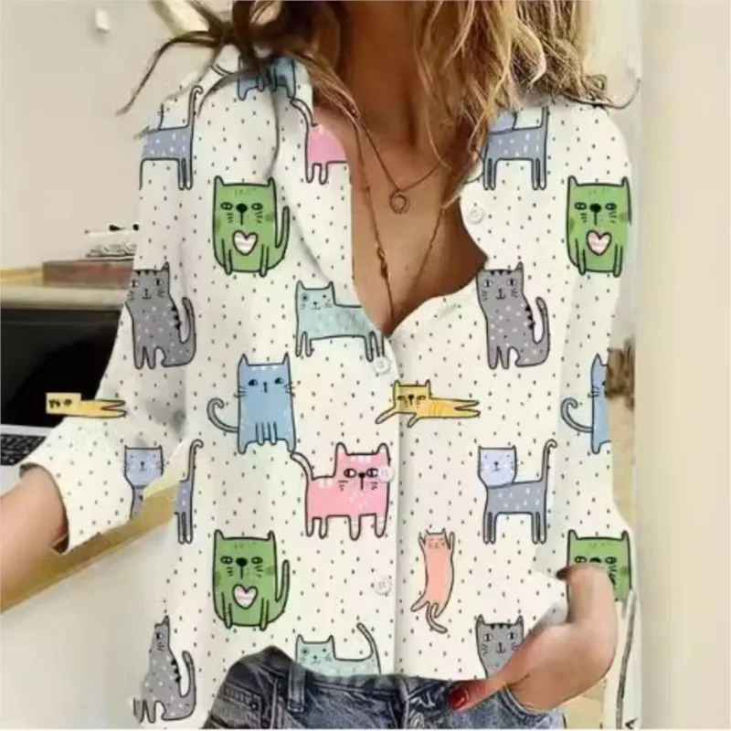 2024 Women\'s Shirt Cat 3D Digital Printing Cute Style Fashionable Casual Trend Lapel Long-Sleeved Cardigan Blouses Femme Blusas