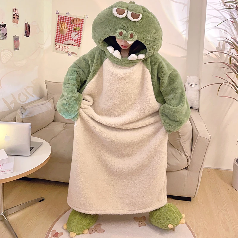 

Winter Pajamas For Women Coral Velvet Sleeping Dress Robe Funny Dinosaur Night Dress Sleepwear Cartoon Pajama Hooded Homewear