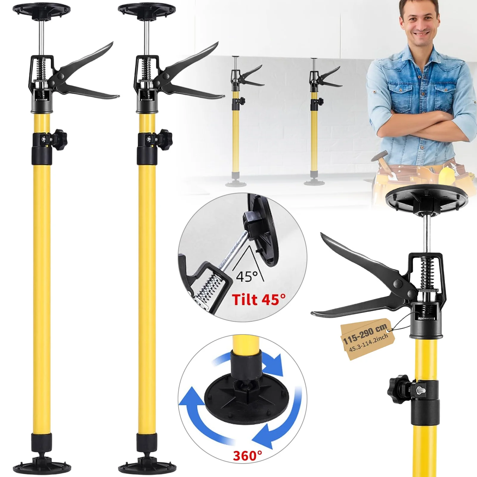 Lot de 2 barres de support réglables en hauteur 115-290 cm, capacité de charge de 50 kg, poteaux télescopiques pour la maison, l'atelier et le studio, barres de tension robustes