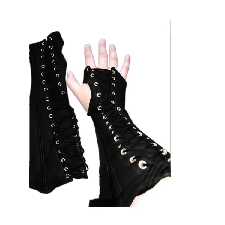 PU Leather Bracer Fingerless Gloves Lace Up Cuffs Medieval Armor Punk Gauntlet Archer Costume Wrist Arm Accessory For Men Women