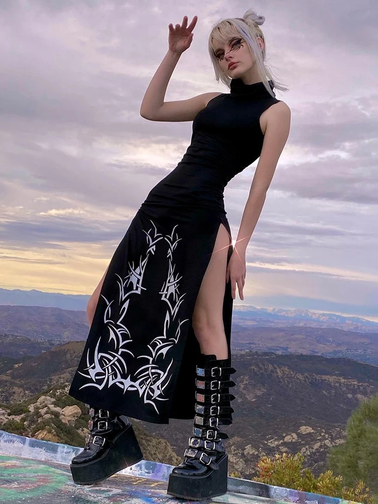 SUCHCUTE Gothic Print Midi Dress For Women Summer Turtleneck Dark Academia Fashion Long Dress Harajuku Sleeveless Black Dresses