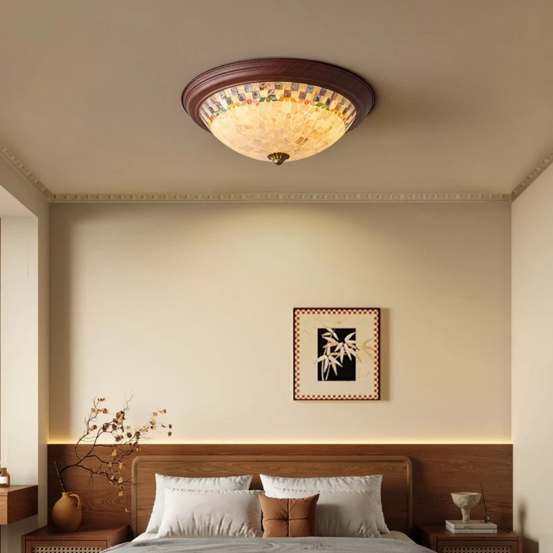 American Retro Handmade Shells LED Ceiling Lights Premium Walnut Grain Chandelier Bedroom Eye Protection Art Home Decor Fixtures
