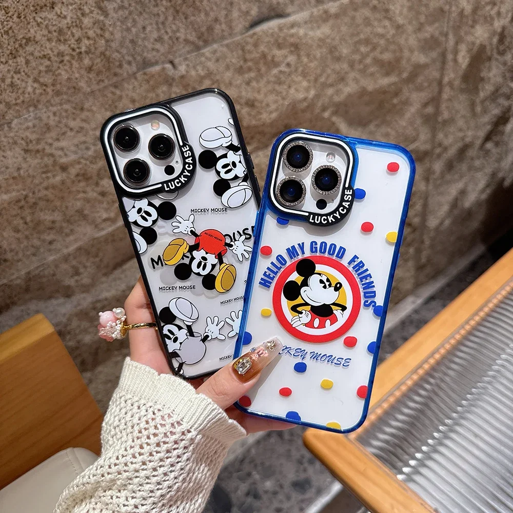 Cartoon Hot Disneies Mickey Mouse With Lanyard Phone Case for IPhone 16 15 14 13 Pro Max Transparent Drop-proof Back Cover Funda