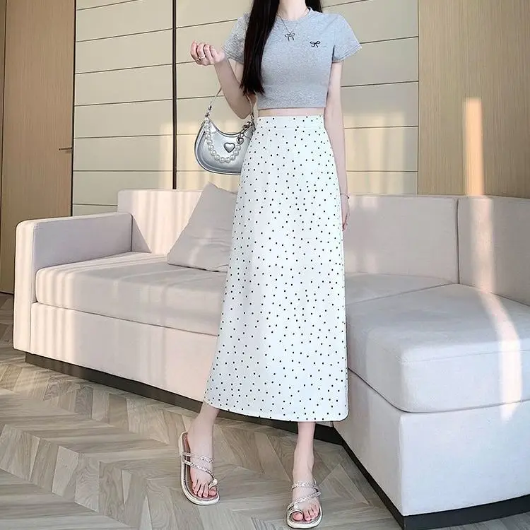Split-ended High-waisted Polka-dot Skirt, Suit Skirt, Medium and Long Printed Temperament Skirt