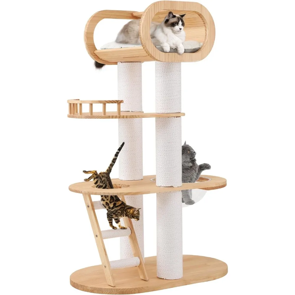 

63 inch high indoor cat tree, multi-layer cat tree, solid wood cat tower house with transparent bowl, and detachable mat