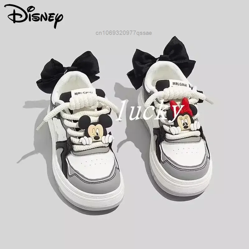 

Disney Minnie Mickey Decor Lace-up Sneakers Explosive Modification Thick Soled Small White Shoes for Women New Skateboard Shoes