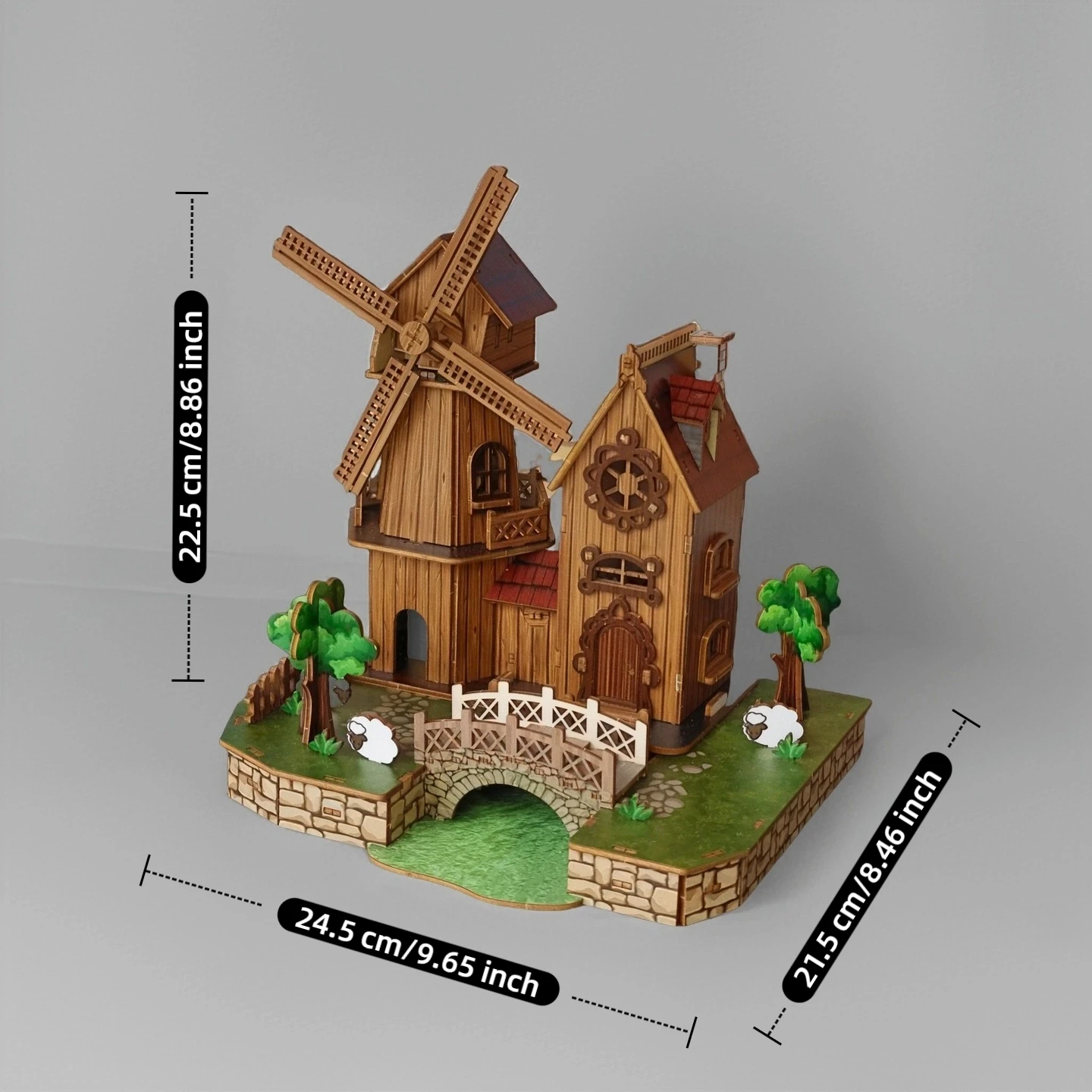 Parque de moinho de vento de quebra-cabeça de madeira 3D, modelo de cena de simulação de estilo pastoral, brinquedo de montagem DIY feito à mão, interação de lazer pai-filho