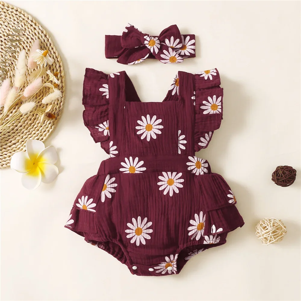 0-18 Months Newborn Baby Girl Romper Clothes Ruffle Sleeveless Bodysuit with Headband Summer Jumpsuit Fashion Cute Infant Outfit