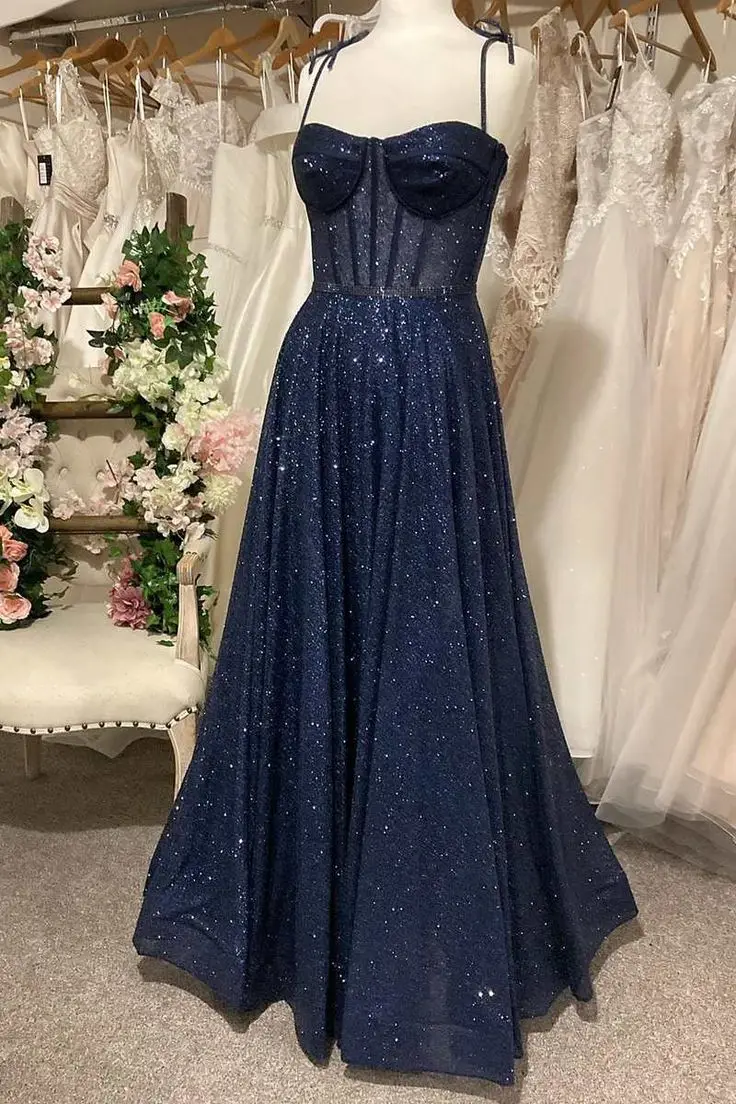 

Sequined Prom Dresses Glitters Bling Sparkly Spaghetti Strap Sweetheart A Line Floor Length Formal Party Evening Gowns Elegant