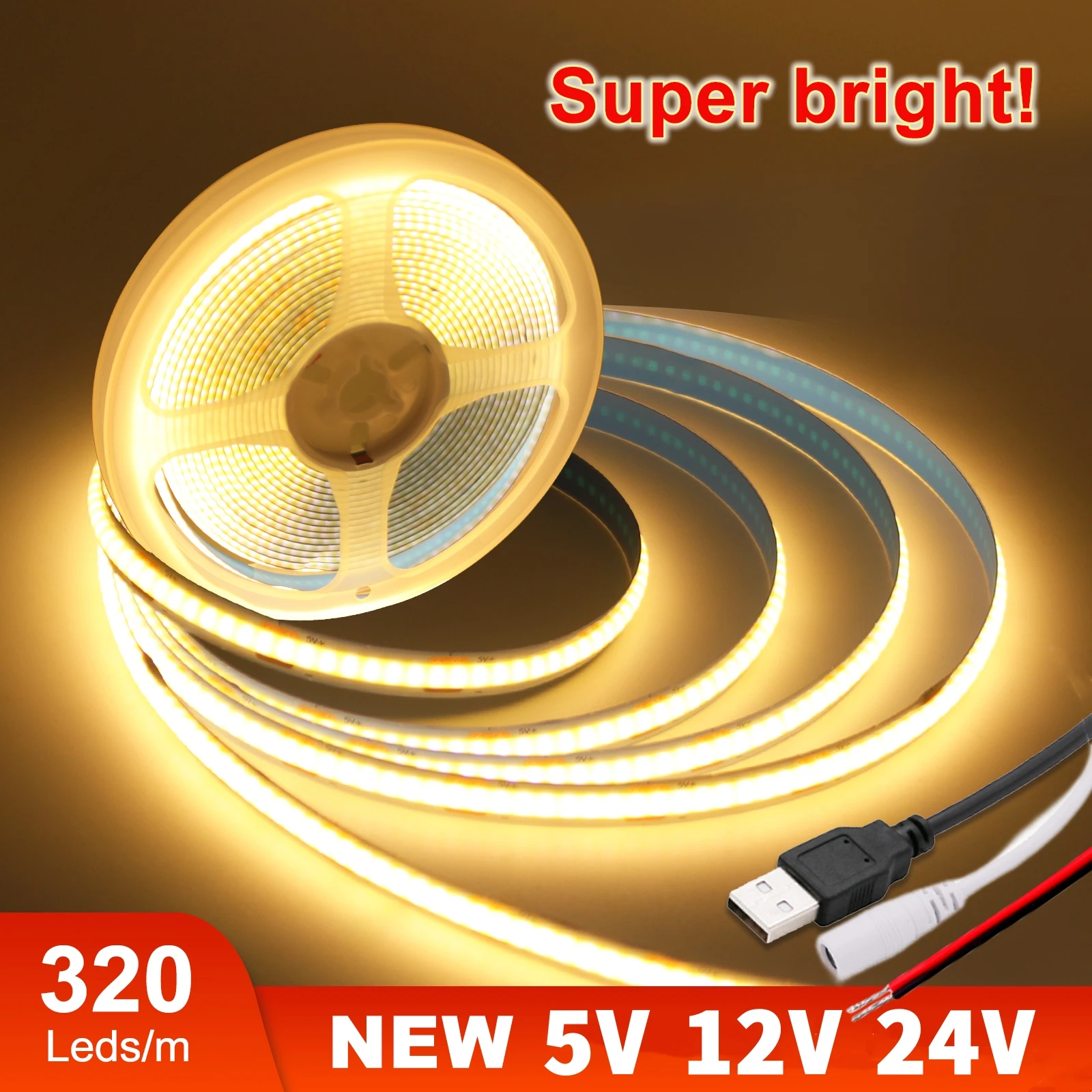 

5V 12V 24V COB LED Strip 320Leds/M Width 8MM High Density RA90 Warm Nature Cool White Flexible Tape Ribbon Linear Light Dimmable