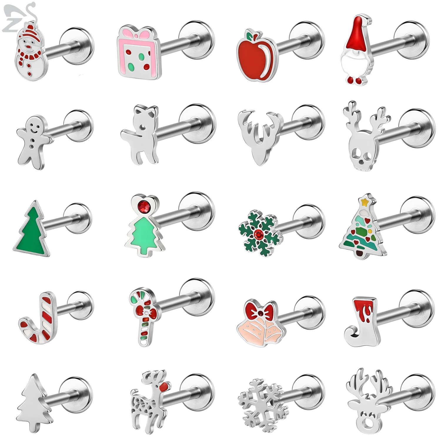 ZS 1PC 16G Stainless Steel Lip Stud Zircon Lip Piercings Screw Lip Ring Deer Head Boot Shape Helix Cartilage Earring Christmas