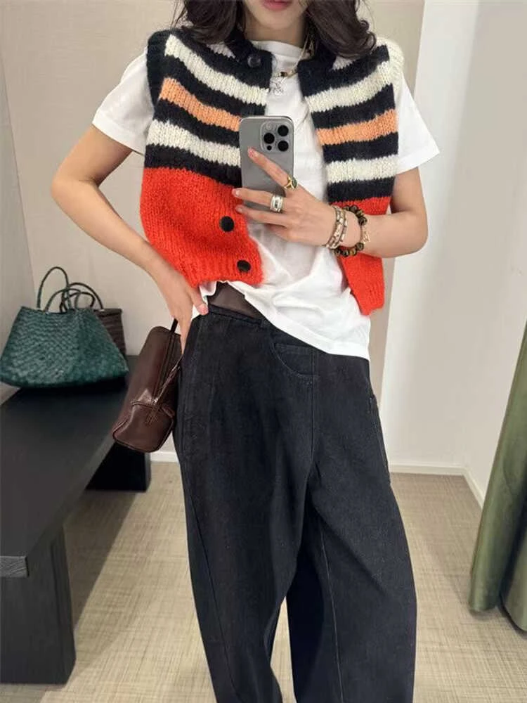 Wool-blend Mohair Striped Color Contrast Vest 2024 Women Knit Top Niche Design Knitted Outfit Chic Sweater