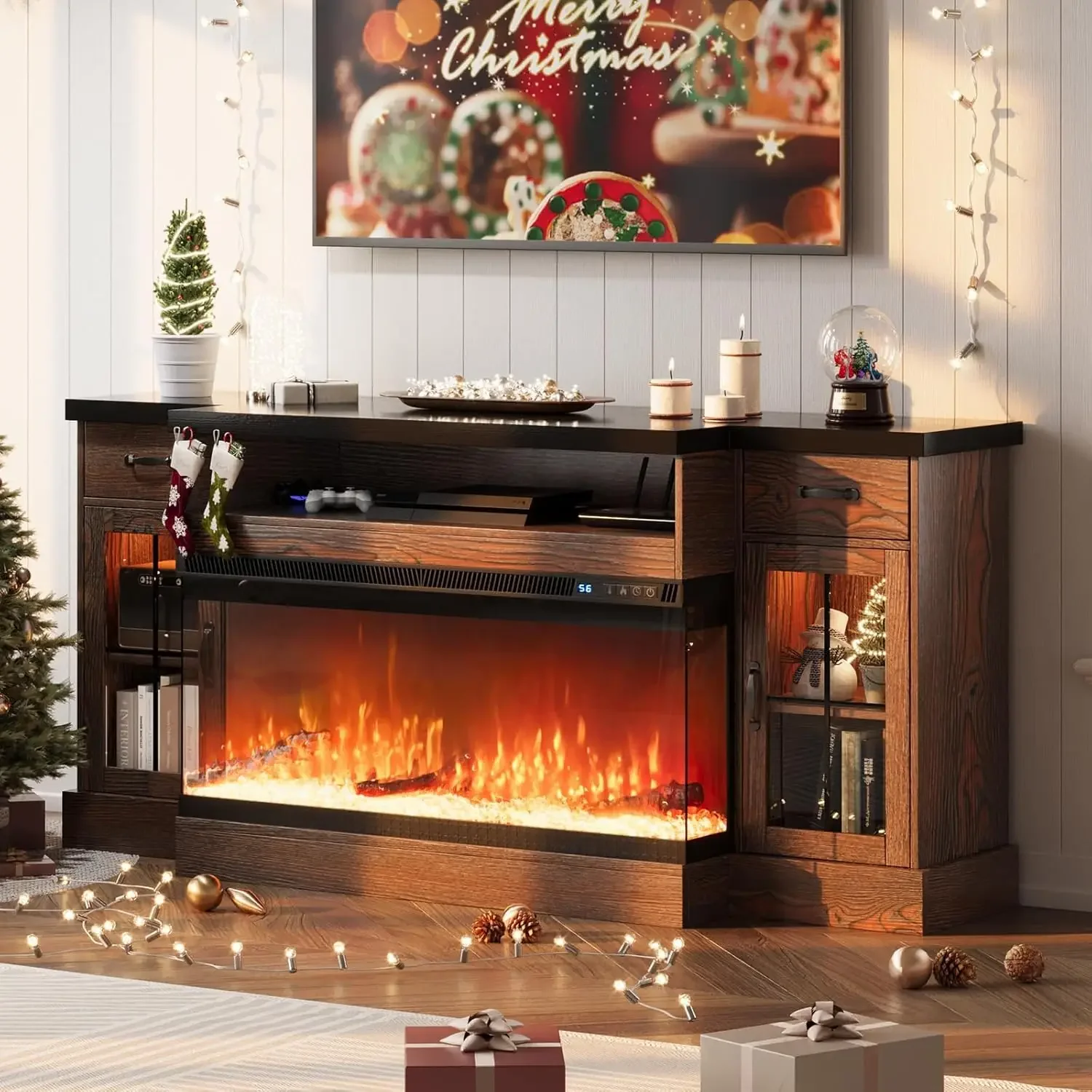 

Farmhouse Fireplace TV Stand with 40" Electric Fireplace for 80" TV, 70" Entertainment Center