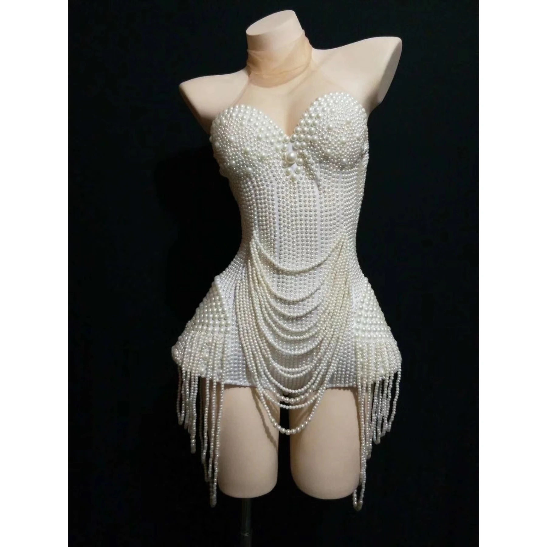 White pearl high cross-border European and American party white pearl slimming elastic jumpsuit shorts stage performance costume