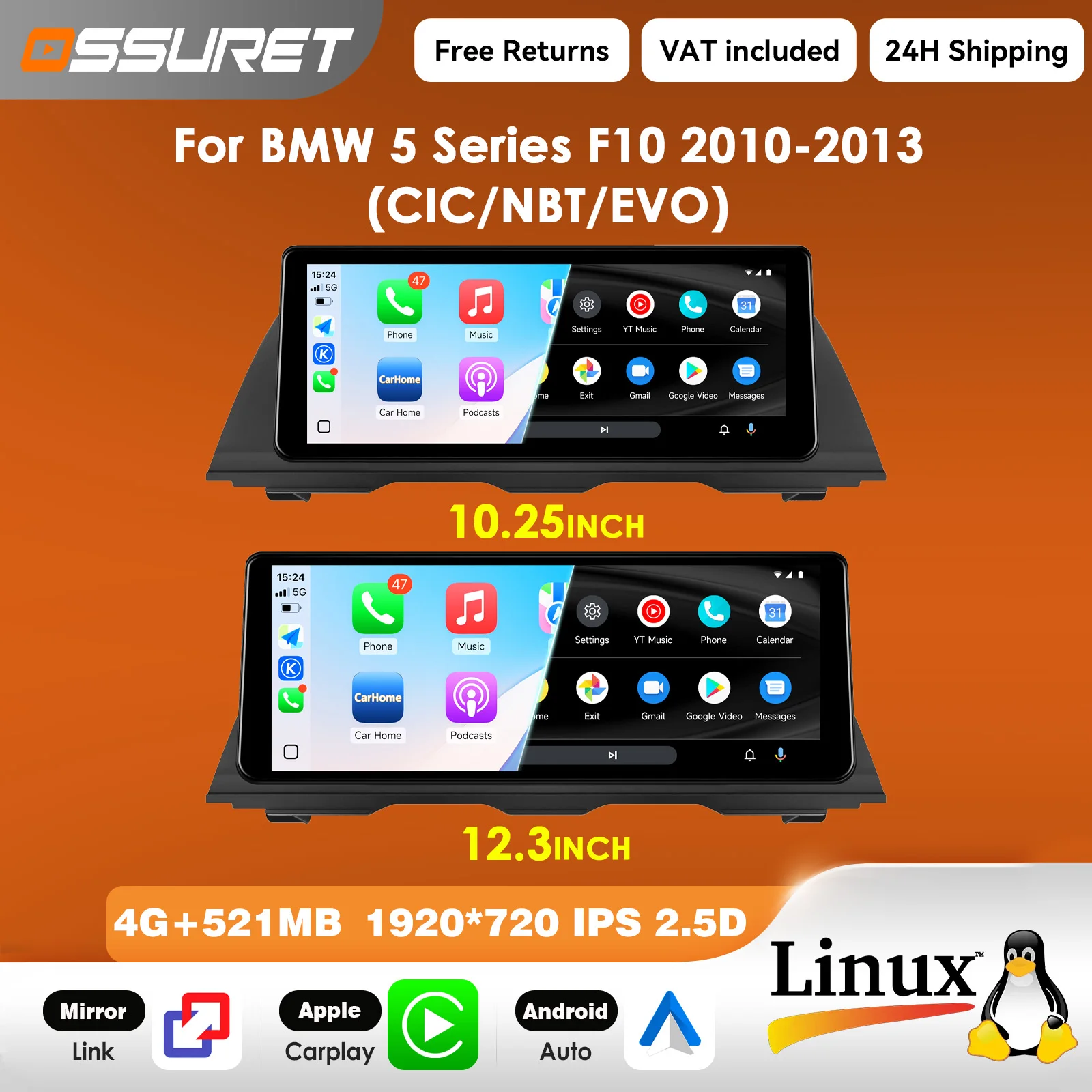 1920*720 Carplay Linux 5.4 Autoradio für BMW 5er F10 2010 - 2019 CIC NBT EVO Multimedia-Videoplayer T113-i Dual-Core USB BT Mirror Link 10,25 / 12,3" Head Unit Bildschirm
