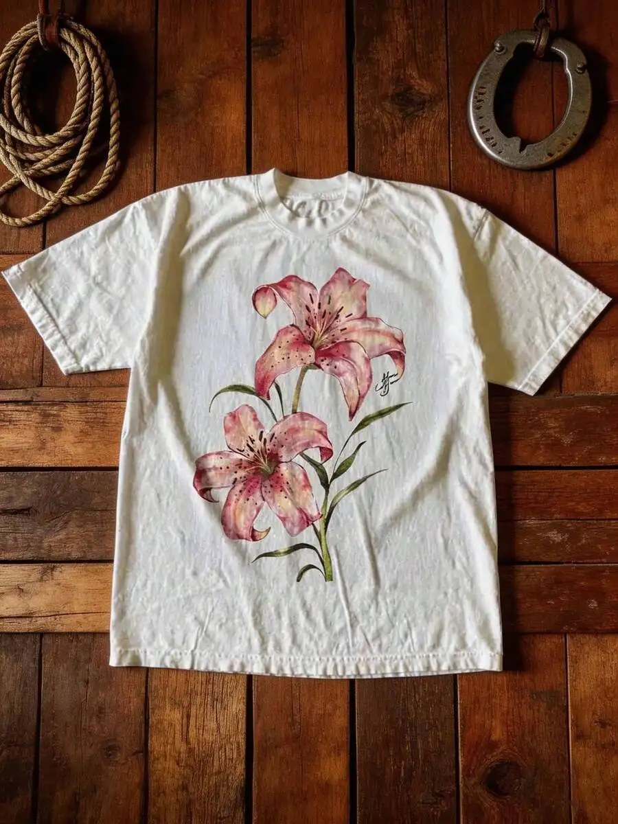 Unisex Premium Cotton Crew Neck Short Sleeve T-Shirt Essential Basic Vintage Pink Lily Floral Graphic Print Y2K Retro Casual Matching Gift Tops For Men Women Daily Streetwear
