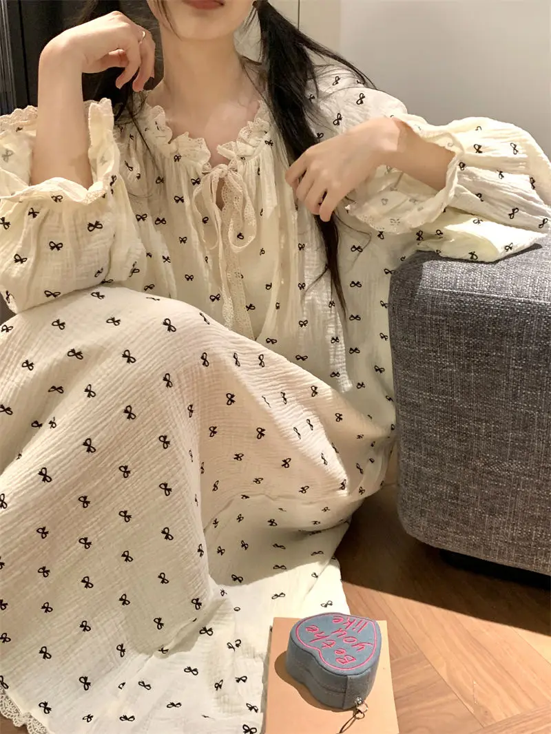 

Nightgown for Women in Spring Autumn Korean Style Cute Bow Lace Fashionable Long-sleeved New Women's Sleepwear Robes Pyjamas
