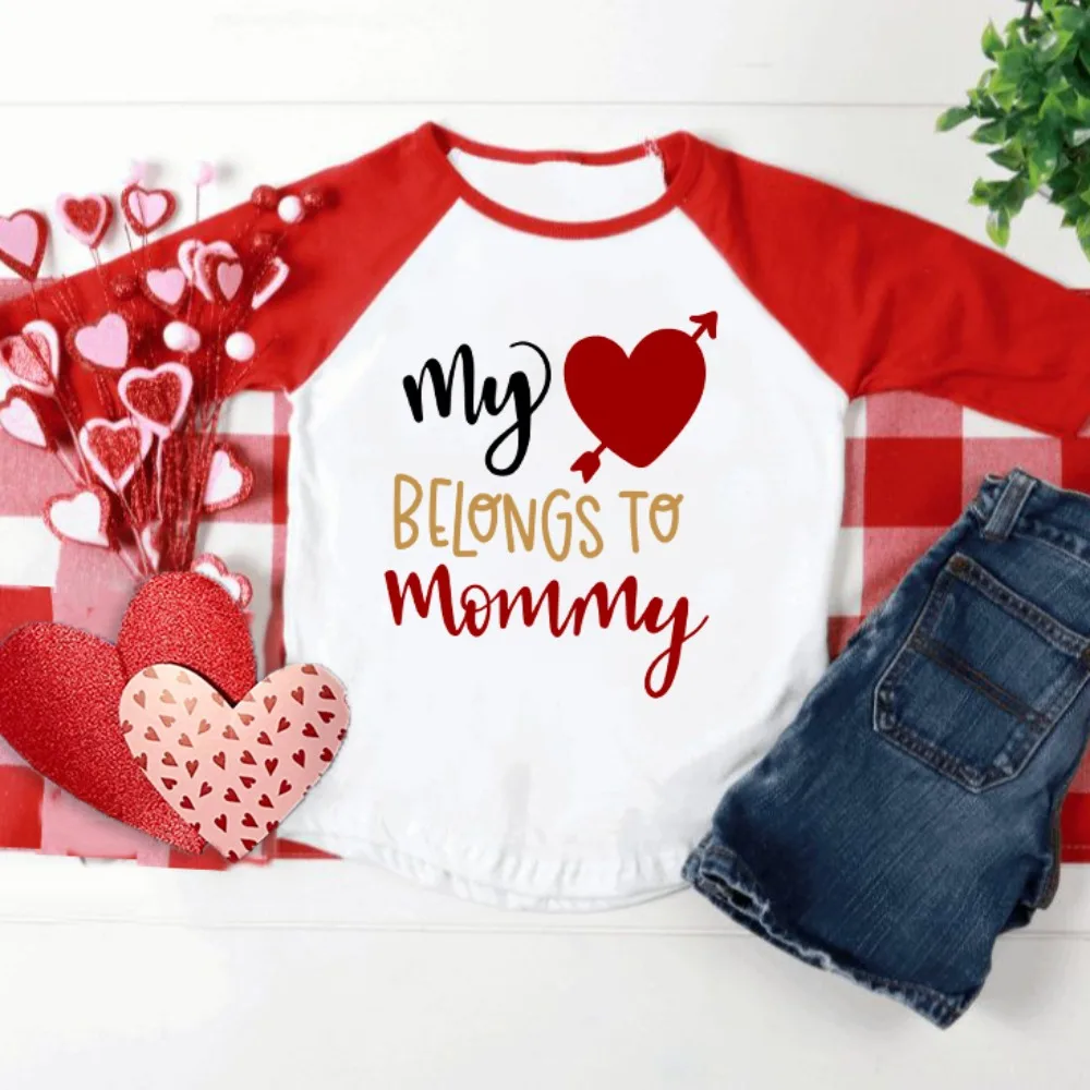 My Heart Belongs To My Mommy Printed Kids Raglan Shirts Valentine's Day Child Outfit Boys Girls Long Sleeve Clothes Holiday Tops