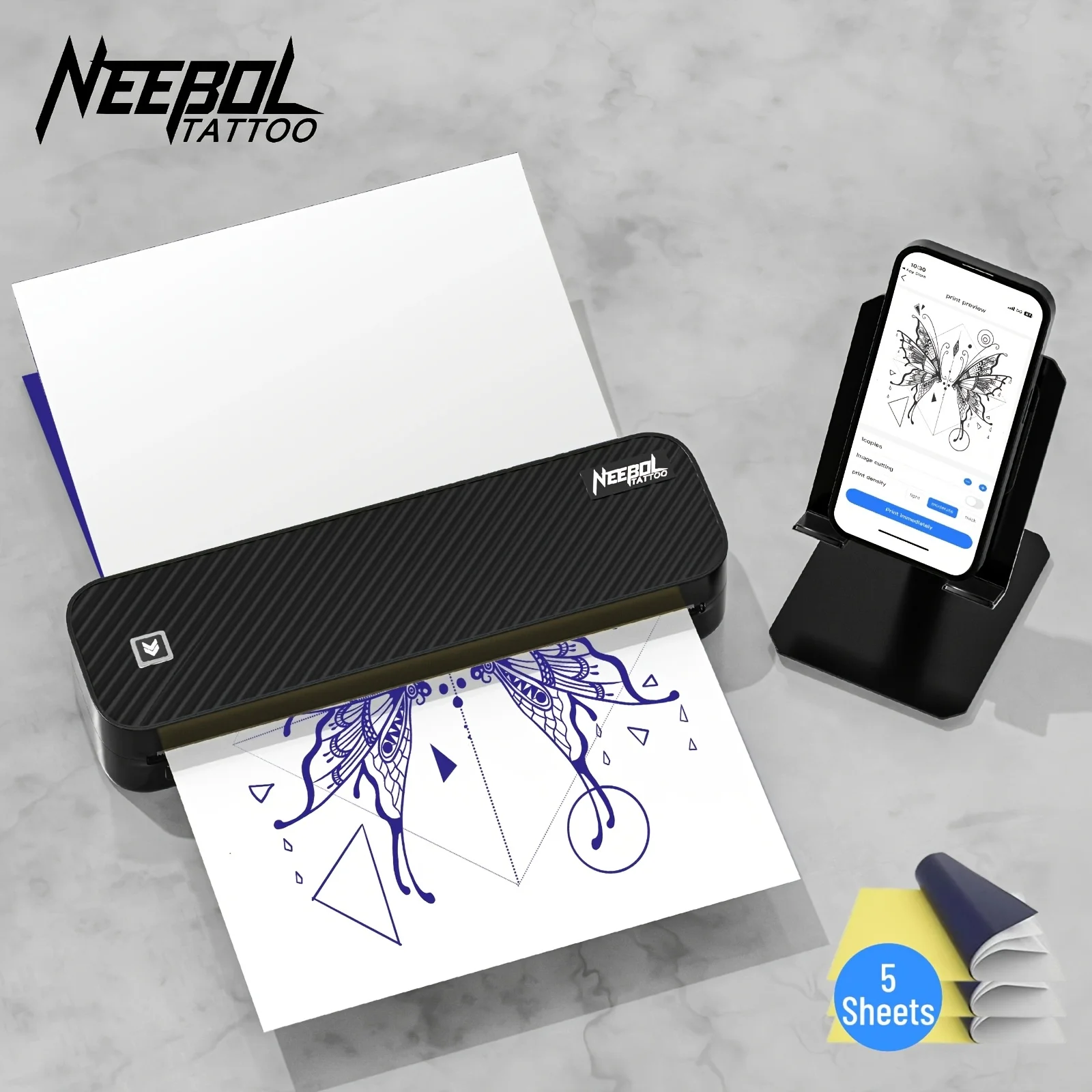 1Pc Neebol Cordless Tattoo Transfer Stencil Printer, Upgraded Wireless Tattoo Printer Machine Kit with 5Pcs Transfer Paper