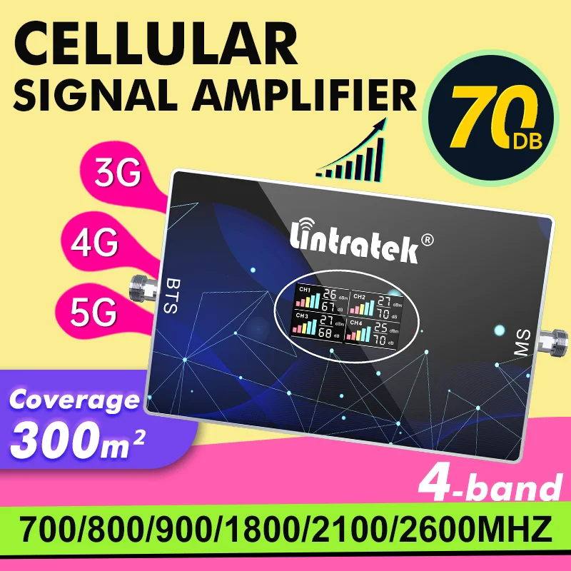 Lintratek Cellular Amplifier 4 Band B20 800 GSM 900 1800 2100 B7 2600 B28 700 LTE 3G 4G Signal Booster Amplify signal for phone