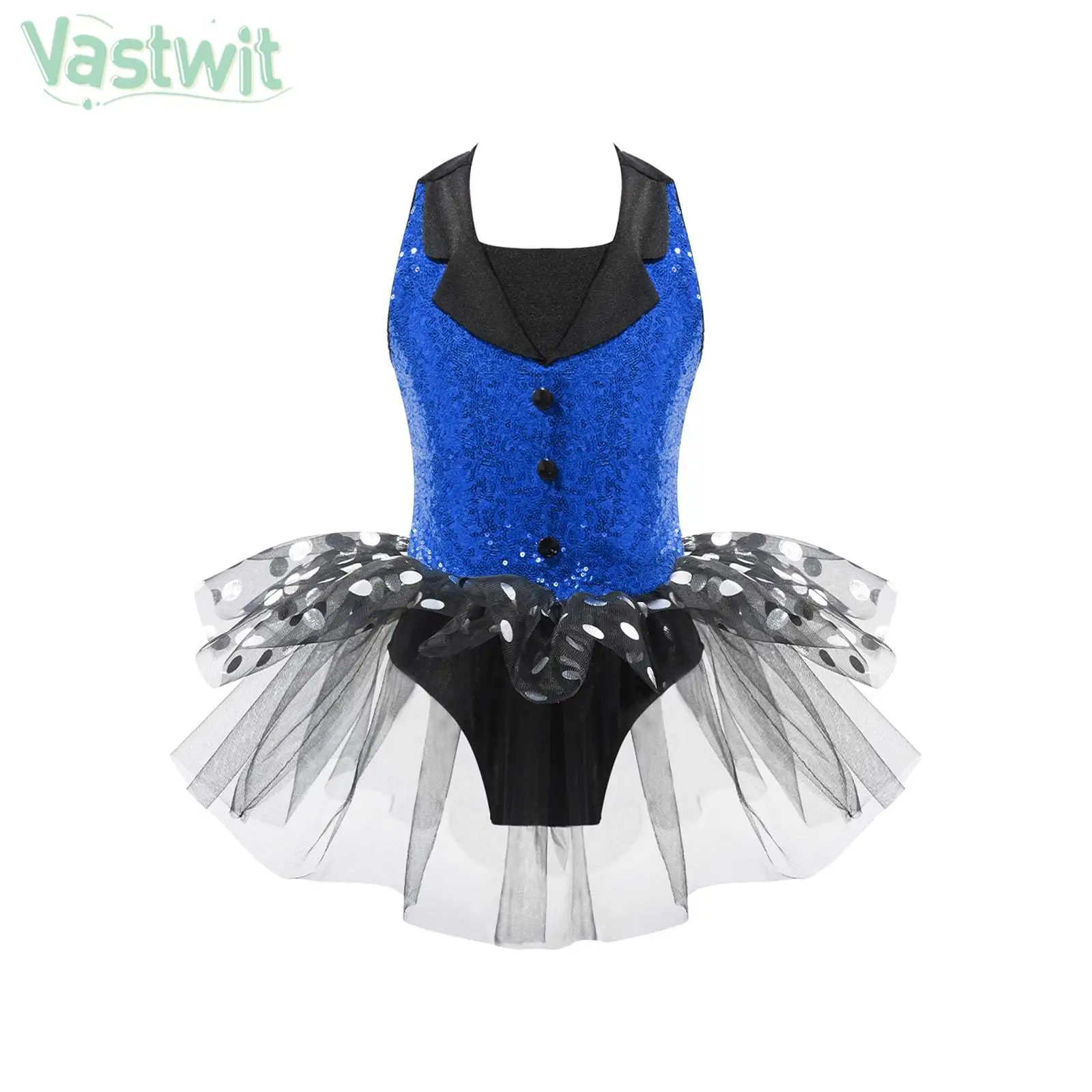 

Girls Ballet Dance Dress Gymnastics Figure Skating Stage Performance Costume Sleeveless Sequins Polka Dot Leotard Tutu Dancewear