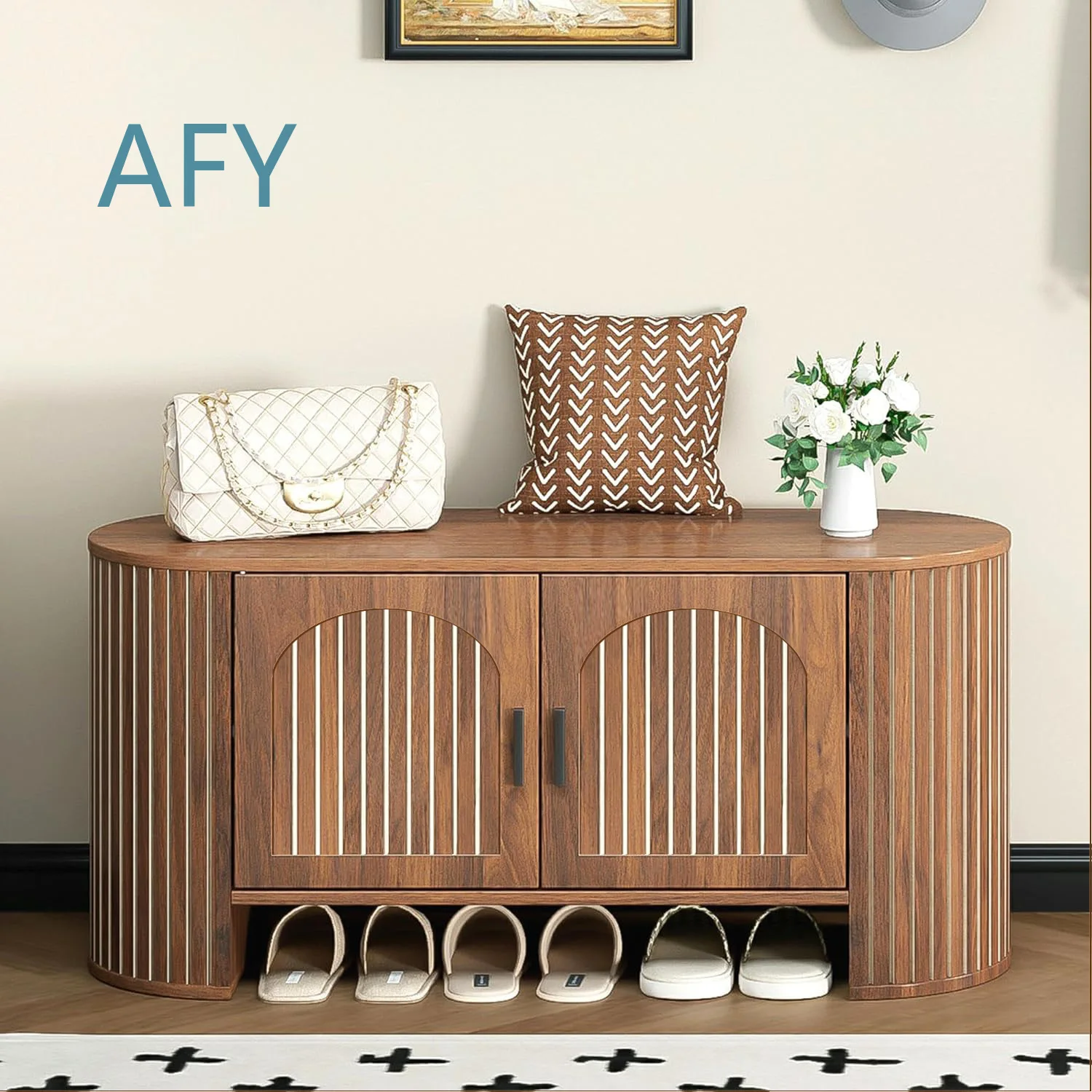 Modern Wooden Double Door Shoe Changing Stool for Living Room Entrance Hallway Built-in Movable Laminate Storage Bench for