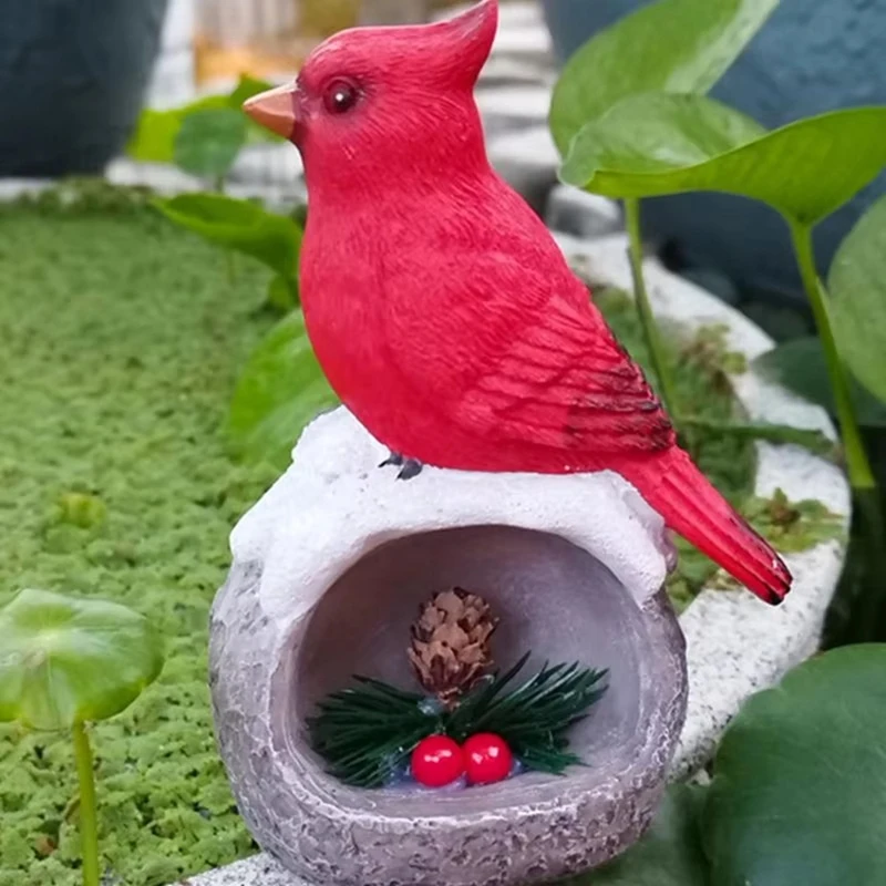 Red Bird Figurine Handmade Simulated Artificial Crafts Resin Red Bird Sculpture Decorative Handmade Bird Ornaments-ABAM