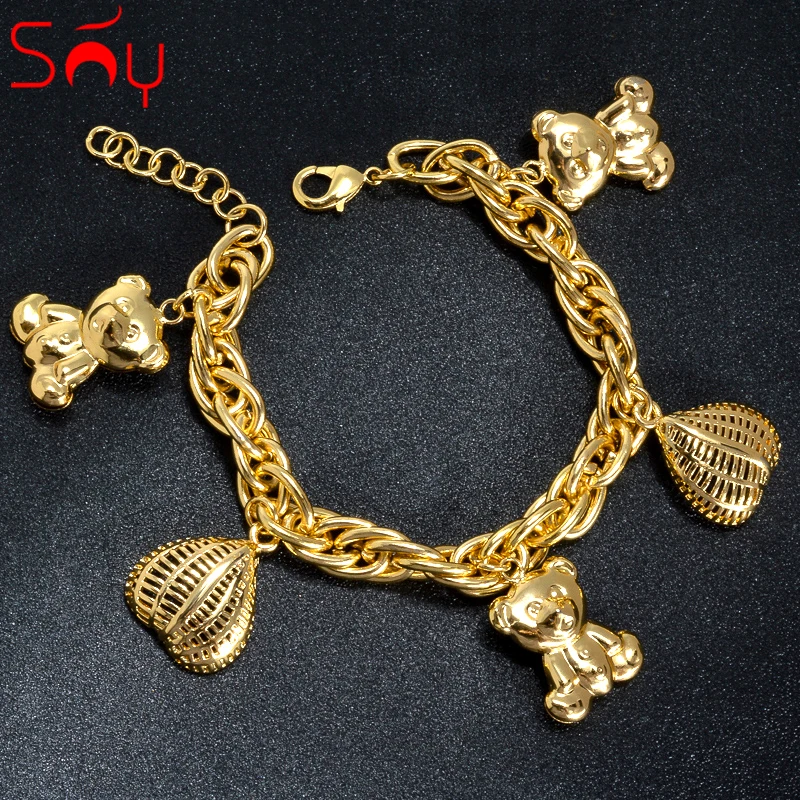 Sunny Jewelry Charms Bracelets Gold Plated Bear Heart Pendant Copper Link Chains for Party Wedding Cute Fashion Jewellery Gift