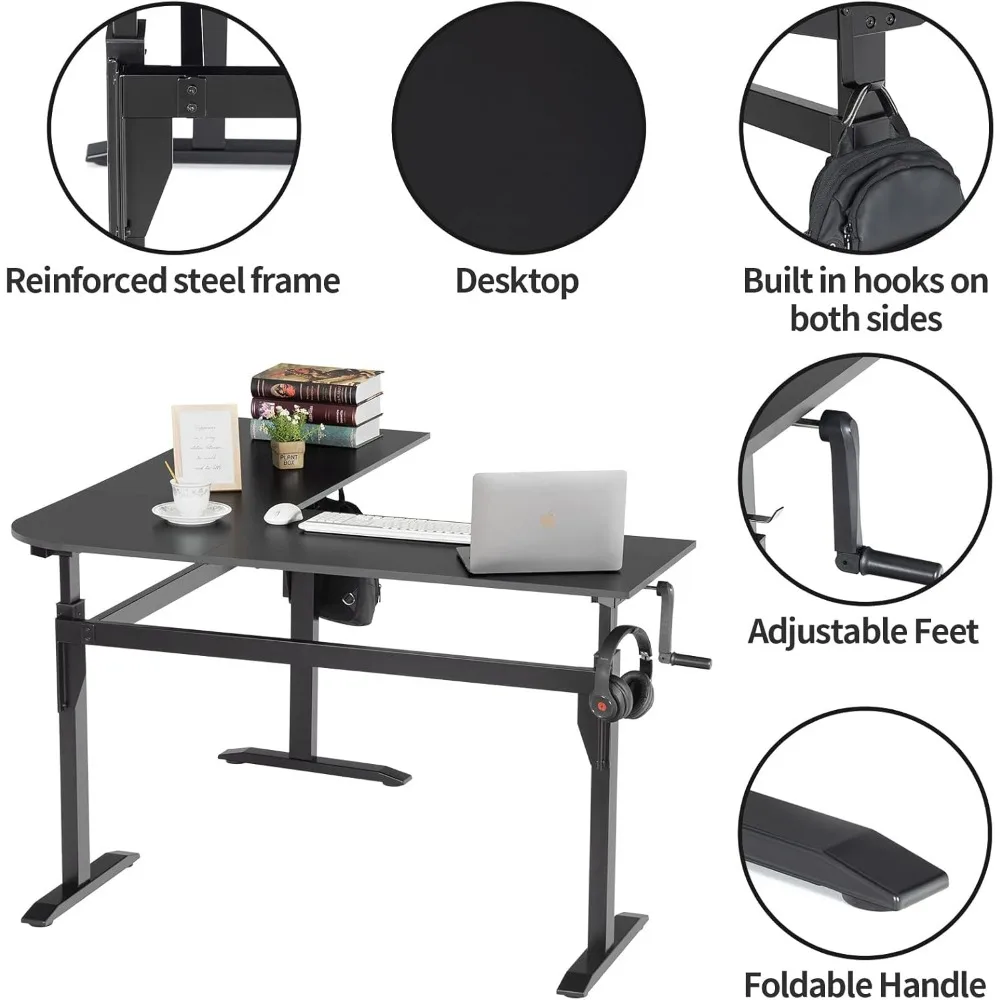 مكتب قائم قابل للتعديل بارتفاع كرنك على شكل حرف L باللون الأسود، مكتب زاوية قائم، محطة عمل قائمة على شكل حرف L - جودة عالية #6