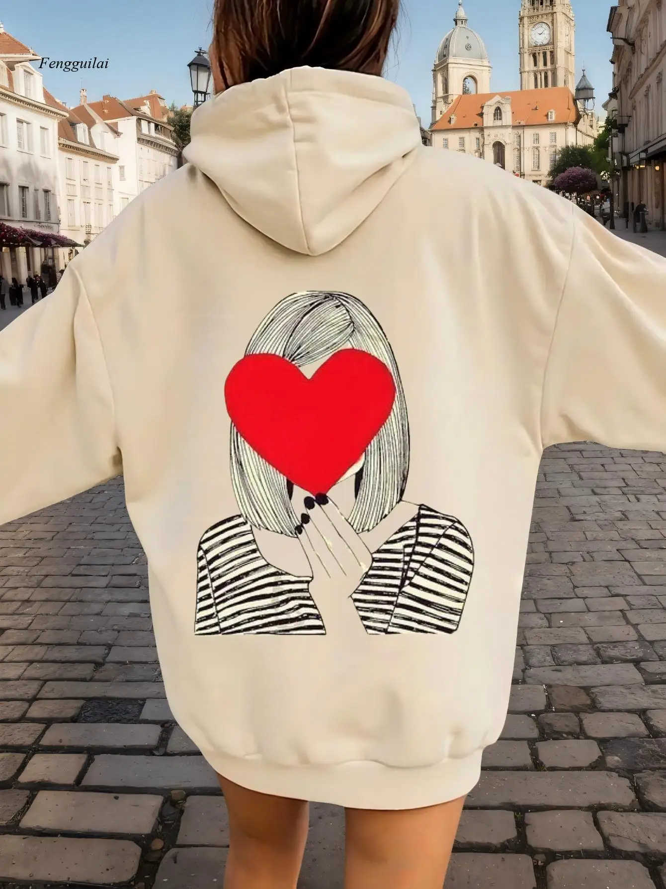 Moda casual outono e inverno com estampa de dopamina moletom com capuz |   Confortável manga comprida